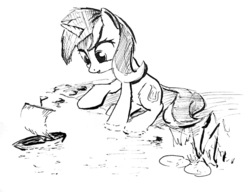 Size: 936x720 | Tagged: safe, artist:mcstalins, lyra heartstrings, pony, unicorn, g4, black and white, boat, female, grayscale, monochrome, solo, toy boat, traditional art