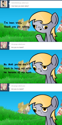 Size: 600x1200 | Tagged: safe, artist:cell, derpy hooves, pegasus, pony, g4, ask, comic, female, flash, frown, mare, music, sad, shadow, shiny, smiling
