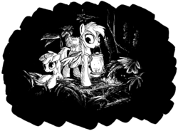 Size: 2257x1665 | Tagged: safe, artist:mcstalins, derpy hooves, dinky hooves, pegasus, pony, g4, backpack, black and white, dark, eyes in the dark, female, forest, glowing, grayscale, lantern, mare, monochrome, mouth hold, traditional art