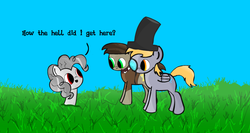 Size: 1045x555 | Tagged: safe, artist:cell, derpy hooves, doctor whooves, time turner, oc, oc:albino pie, pegasus, pony, g4, big eyes, bowtie, cute, dialogue, eleventh doctor, fancy, female, hat, mare, monocle, top hat, wat