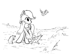 Size: 2074x1631 | Tagged: safe, artist:mcstalins, fluttershy, bird, porcupine, squirrel, g4, animal, clothes, female, filly, monochrome, scarf, solo, traditional art, younger