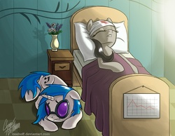 Size: 1035x803 | Tagged: safe, artist:ceehoff, dj pon-3, octavia melody, vinyl scratch, g4, bandage, bed, behaving like a dog, blanket, blood, chart, charts and graphs, duo, flower, hospital, injured, pillow, sad, sleeping, vase, worried