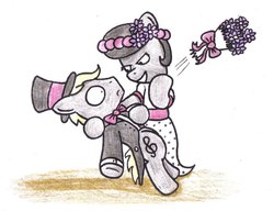 Size: 1020x784 | Tagged: safe, artist:bobthedalek, oc, oc:mixed melody, oc:octavia's father, oc:octavia's mother, oc:ostinato melody, earth pony, pony, bouquet, clothes, dress, duo, female, flower, hat, male, suit, this will end in snu snu, top hat, wedding, wedding dress