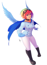 Size: 1000x1400 | Tagged: safe, artist:spittfireart, rainbow dash, human, g4, cape, clothes, female, goggles, humanized, solo, winged humanization