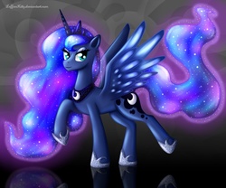 Size: 1200x1000 | Tagged: safe, artist:leffenkitty, princess luna, g4, female, glowing, reflection, smiling, solo