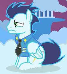 Size: 576x636 | Tagged: safe, artist:soarinpie, soarin', g4, cloudsdale, male, sad, solo, wonderbolts dress uniform