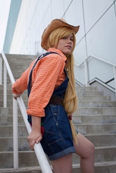 Size: 427x640 | Tagged: safe, artist:grim-tales, applejack, human, g4, anime expo, cosplay, irl, irl human, overalls, photo, solo