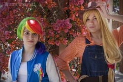 Size: 2048x1365 | Tagged: safe, artist:grim-tales, applejack, rainbow dash, human, g4, cosplay, irl, irl human, photo