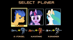 Size: 1361x753 | Tagged: safe, flash sentry, princess celestia, twilight sparkle, g4, exploitable meme, flashface, game, hyper duel, mecha