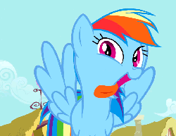 Size: 700x540 | Tagged: safe, screencap, rainbow dash, pegasus, pony, a bird in the hoof, g4, season 1, animated, cute, dashabetes, female, gif, mare, open mouth, rainbow dash is best facemaker, silly, silly pony, solo, tongue out