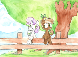 Size: 1024x750 | Tagged: safe, artist:talonsofwater, button mash, sweetie belle, g4, female, juice box, male, ship:sweetiemash, shipping, straight, traditional art, watercolor painting