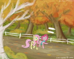 Size: 1465x1176 | Tagged: safe, artist:king-kakapo, fluttershy, pinkie pie, earth pony, pegasus, pony, g4, 30 minute art challenge, autumn, clothes, female, forest, lesbian, scarf, scenery, ship:flutterpie, shipping, tree