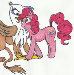 Size: 1532x1544 | Tagged: dead source, safe, artist:enigmaticfrustration, gilda, pinkie pie, earth pony, griffon, pony, g4, female, lesbian, ship:gildapie, shipping, traditional art