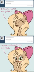 Size: 700x1468 | Tagged: safe, artist:biscuitpone, oc, oc only, oc:custard cream, pony, unicorn, ask custard cream, 2 panel comic, ask, blushing, comic, female, mare, solo, tumblr