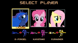 Size: 1361x753 | Tagged: safe, fluttershy, pinkie pie, princess luna, g4, game, hyper duel, mecha