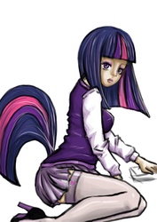 Size: 2480x3508 | Tagged: safe, artist:shinshiphen, twilight sparkle, human, g4, clothes, female, high heels, humanized, moderate dark skin, solo, stockings, tailed humanization