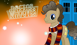 Size: 840x496 | Tagged: safe, doctor whooves, time turner, earth pony, pony, g4, clothes, crossover, doctor who, fourth doctor, logo, male, ponified, scarf, solo, tardis, the doctor