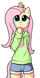 Size: 459x880 | Tagged: safe, artist:apony, fluttershy, pony, semi-anthro, g4, bipedal, clothes, duckling, female, hoodie, looking up, shorts, smiling, solo, sweater, sweatershy