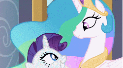 Size: 1272x709 | Tagged: safe, screencap, princess celestia, rarity, g4, sweet and elite, animated, blinking, crown, female, horn, jewelry, mane, out of context, peytral, regalia, smiling, smirk, wings