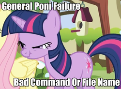 Size: 729x537 | Tagged: safe, edit, edited screencap, screencap, fluttershy, twilight sparkle, pegasus, pony, unicorn, g4, caption, female, image macro, mare, meme, ms-dos, nose wrinkle, poni, scrunchy face, solo focus, text, twi-dos