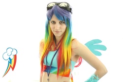 Size: 800x533 | Tagged: safe, artist:tweetnbirdy, rainbow dash, human, g4, anime boston, cosplay, goggles, irl, irl human, photo, solo