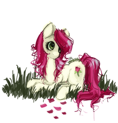 Size: 800x834 | Tagged: safe, artist:yunkitty, roseluck, earth pony, pony, g4, female, grass, hair over one eye, mare, prone, signature, simple background, solo, white background