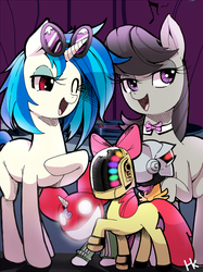 Size: 800x1070 | Tagged: safe, artist:cakewasgood, apple bloom, dj pon-3, octavia melody, scootaloo, sweetie belle, vinyl scratch, earth pony, pegasus, pony, unicorn, g4, bow, bowtie, clothes, cutie mark crusaders, daft punk, deadmau5, female, hair bow, mare, one eye closed, sunglasses