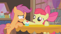 Size: 720x405 | Tagged: safe, screencap, apple bloom, scootaloo, call of the cutie, g4, cupcake, hoof in mouth, hoofbloom
