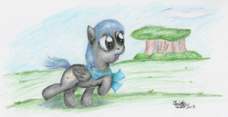 Size: 1243x643 | Tagged: safe, artist:kuroitsubasatenshi, oc, oc only, pegasus, pony, dusky down, filly, traditional art, travelling