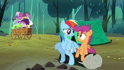 Size: 720x405 | Tagged: safe, screencap, rainbow dash, scootaloo, g4, sleepless in ponyville, tent