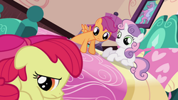 Size: 720x405 | Tagged: safe, screencap, apple bloom, scootaloo, sweetie belle, earth pony, pegasus, pony, unicorn, g4, one bad apple, bed, cutie mark crusaders, female