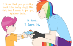 Size: 1120x712 | Tagged: safe, artist:soraoraoraora, rainbow dash, scootaloo, human, g4, clothes, duo, duo female, female, humanized, present, scootalove, simple background, transparent background