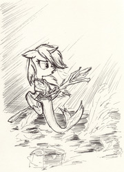 Size: 1567x2179 | Tagged: safe, artist:mcstalins, sea pony, bubble, crepuscular rays, fish tail, floppy ears, flowing mane, flowing tail, hoof shoes, monochrome, ocean, peytral, scales, seaweed, solo, sunlight, swimming, tail, traditional art, trident, underwater, water