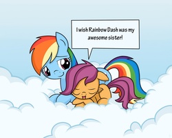 Size: 1280x1024 | Tagged: safe, artist:frankier77, rainbow dash, scootaloo, g4, cloud, floppy ears, scootalove