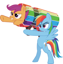 Size: 900x915 | Tagged: source needed, safe, rainbow dash, scootaloo, pegasus, pony, bipedal, cannon, cannon ponies, duo, duo female, female, mare, pony cannonball, simple background, transparent background
