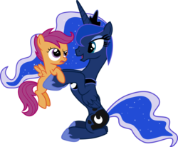 Size: 851x700 | Tagged: source needed, safe, princess luna, scootaloo, alicorn, pegasus, pony, g4, duo, eye contact, female, filly, foal, frown, holding a pony, hug, mare, open mouth, raised eyebrow, scootalove, simple background, sitting, smiling, transparent background, unamused, vector