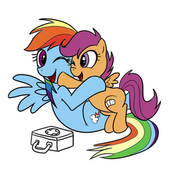 Size: 1000x1000 | Tagged: source needed, safe, artist:madmax, rainbow dash, scootaloo, pegasus, pony, g4, bandaid, blank flank, colored, cuddling, cute, cutealoo, dashabetes, female, filly, first aid kit, foal, hug, mare, one eye closed, open mouth, open smile, scootalove, simple background, smiling, snuggling, spread wings, white background, wings
