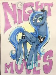 Size: 769x1024 | Tagged: safe, artist:andy price, princess luna, g4, concave belly, female, mare, slender, solo, text, thin