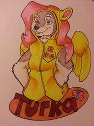 Size: 720x960 | Tagged: safe, artist:farellemoon, fluttershy, oc, g4, badge, clothes, con badge, cosplay, furry, hoodie