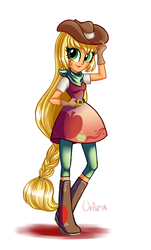 Size: 653x1081 | Tagged: dead source, safe, artist:lisaorise, applejack, equestria girls, g4, clothes, dress, female, ponied up, solo