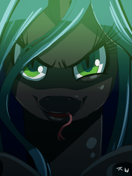 Size: 600x800 | Tagged: safe, artist:cakewasgood, queen chrysalis, changeling, changeling queen, g4, close-up, female, forked tongue, looking at you, portrait, solo, tongue out, want