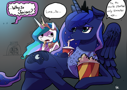 Size: 1200x848 | Tagged: safe, artist:cakewasgood, princess celestia, princess luna, alicorn, pony, g4, batman, butt, desperation, dialogue, draw me like one of your french girls, eating, food, magic shirt, movie, need to pee, omorashi, on side, pink floyd, plot, popcorn, potty dance, potty emergency, potty time, scared, television, the dark knight, the dark side of the moon, the joker, trotting in place