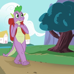 Size: 1280x1280 | Tagged: safe, artist:fuzebox, spike, dragon, g4, backpack, cloud, cloudy, male, older, older spike, ponyville, solo, spike's journey, teenage spike, teenaged dragon, teenager, tree, walking