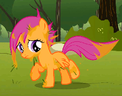 Size: 623x493 | Tagged: safe, screencap, scootaloo, pony, g4, the cutie mark chronicles, animated, cropped, cute, cutealoo, dirty, female, kicking, loop, messy mane, sap, solo, tree sap and pine needles