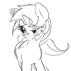 Size: 600x600 | Tagged: safe, artist:mewball, lyra heartstrings, pony, unicorn, g4, black and white, blushing, female, grayscale, monochrome, open mouth, raised eyebrow, simple background, smiling, solo, white background