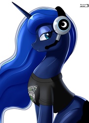 Size: 2400x3300 | Tagged: safe, artist:skyart301, princess luna, pony, gamer luna, g4, bedroom eyes, clothes, cute, female, grand theft auto, gta v, headset, lunabetes, mare, profile, shirt, simple background, sitting, smiling, solo, t-shirt, white background