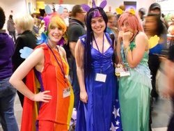 Size: 4320x3240 | Tagged: safe, artist:rasengangentilfistnh, fluttershy, rainbow dash, twilight sparkle, human, g4, anime boston, clothes, cosplay, dress, gala dress, irl, irl human, photo