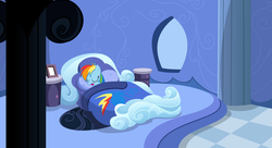 Size: 1676x914 | Tagged: safe, artist:zacatron94, rainbow dash, pegasus, pony, g4, bed, bedroom, female, rainbow dash's bedroom, rainbow dash's house, show accurate, sleeping, solo