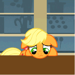 Size: 480x480 | Tagged: safe, screencap, applejack, carrot cake, pony, a bird in the hoof, g4, animated, apple fritter (food), cake, cropped, floppy ears, food, open mouth, reversed, salad, sandwich