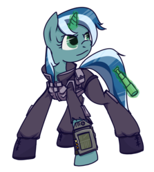 Size: 1280x1436 | Tagged: safe, artist:inlucidreverie, oc, oc only, oc:skyfall, pony, unicorn, clothes, fallout, fallout: new vegas, magic, simple background, solo, telekinesis, transparent background